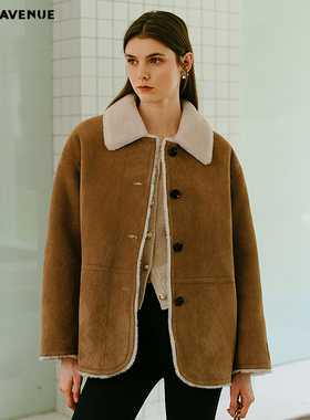 朗姿/MOJO AVENUE莫佐2025冬新款时髦巴恩风外套女翻领撞色皮毛一