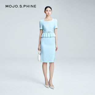 朗姿集团MOJO莫佐冰川蓝郁金香麻感醋酸连衣裙2024年新款 褶边 法式