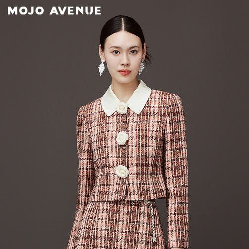 朗姿/MOJO AVENUE莫佐2025秋冬新品法式复古格纹粗花呢短外