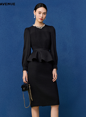 朗姿/MOJO莫佐2026春新品千金感香风假两件连衣裙女聚会晚宴黑色