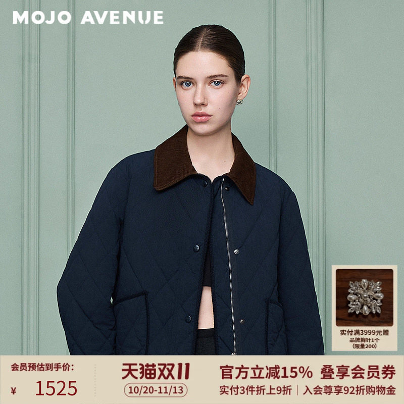 朗姿/MOJO莫佐2026冬新品复古撞色菱格衍缝棉服外套直筒翻领夹克