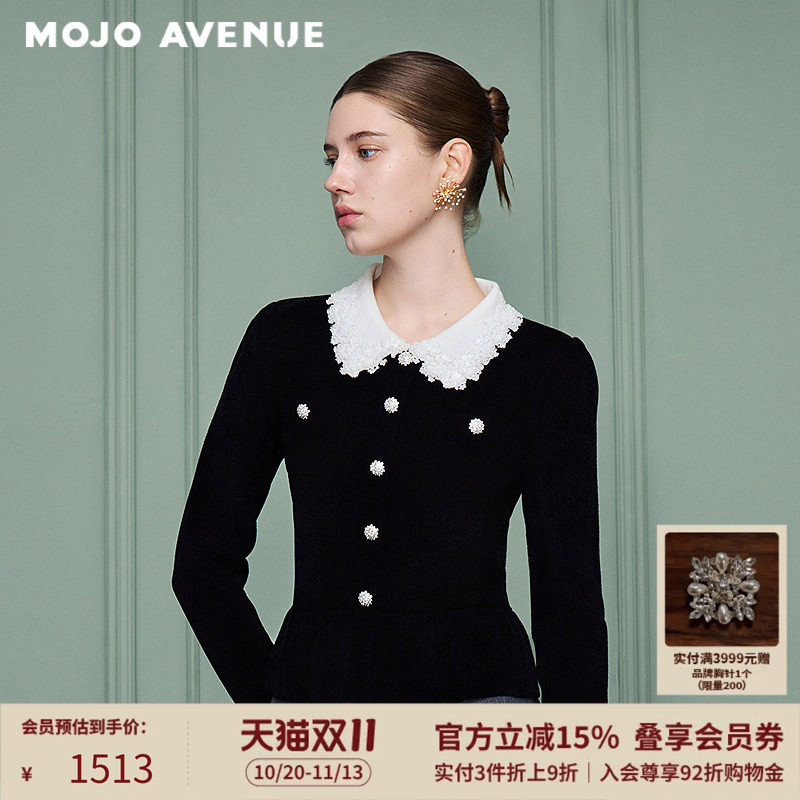 朗姿/MOJO冬新品2026小香风蕾丝娃娃领修身针织衫女收腰荷叶下摆