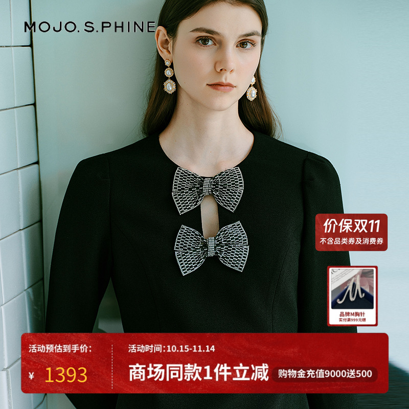 MOJO莫佐2025冬新款法式小资长袖连衣裙女蝴蝶结优雅小黑裙短款秋
