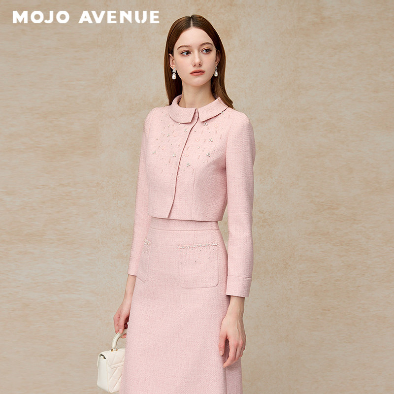 朗姿/MOJO莫佐2026夏新品千金名媛法式小香风短外套粉色钉珠上衣