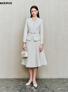 朗姿/MOJO春季新品2026古典优雅半身裙女米白肌理高腰A摆伞裙