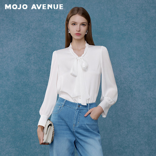 朗姿/MOJO秋新品2026法式新贵风蝴蝶结飘带领白色衬衫通勤高级感