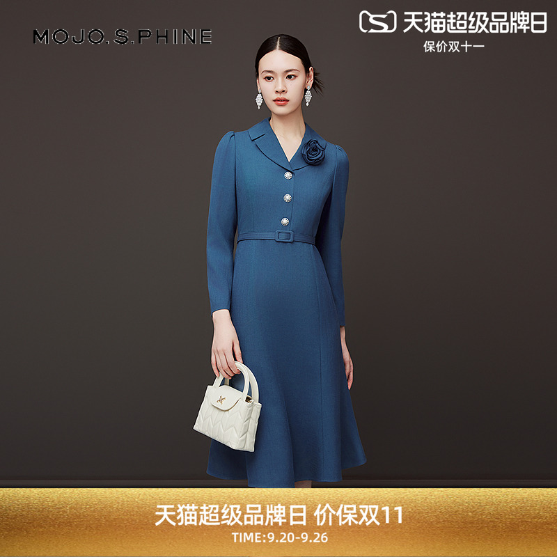 MOJO莫佐2025冬新款浪漫山茶花收腰连衣裙女优雅显白职场通勤长裙