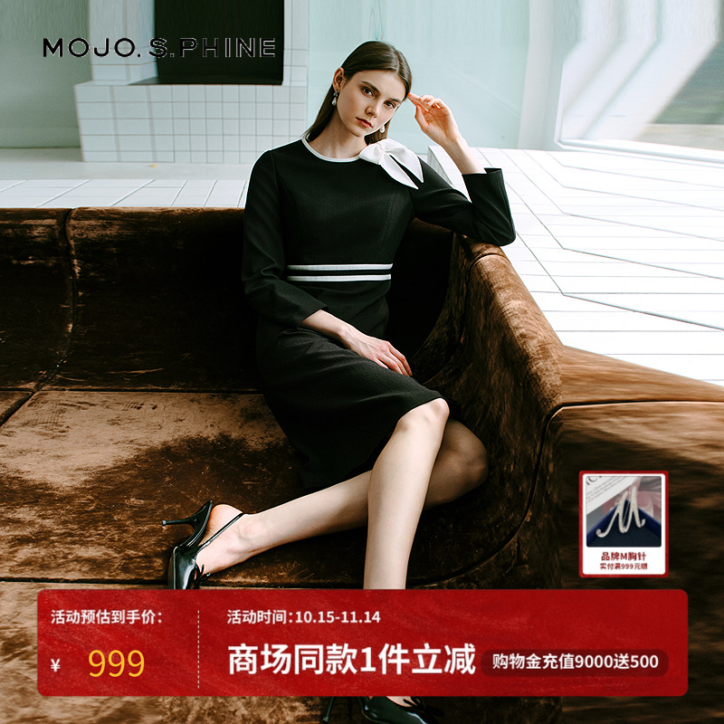 MOJO莫佐2025新款法式名媛蝴蝶结连衣裙女秋优雅黑白撞色晚宴通勤