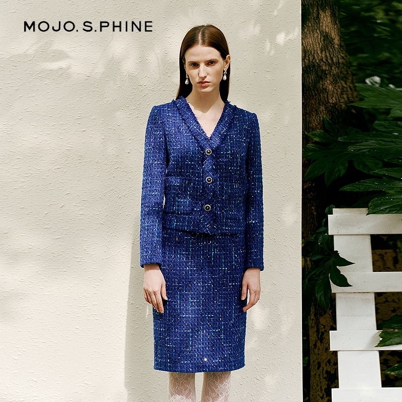 MOJO莫佐2026春新品粗花呢小香风半裙女显瘦优雅贵族蓝高腰包臀裙