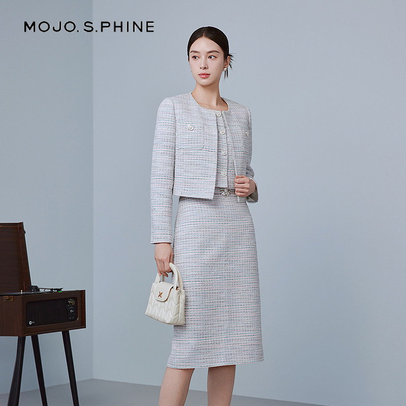 MOJO莫佐意大利香风花呢高腰铅笔半身裙2025新款设简约职场一步裙