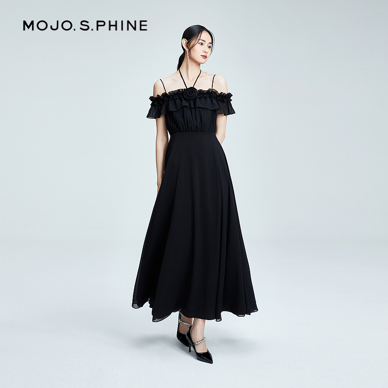 MOJO一字肩荷叶边领礼服裙优雅