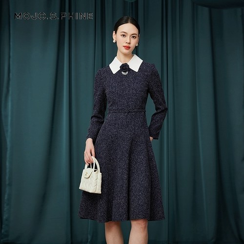 MOJO莫佐香风波点连衣裙女复古学院风优雅收腰A字裙2025新款