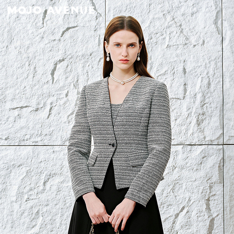 朗姿/MOJO AVENUE莫佐2026春新品优雅摩登千鸟格小香风西装外套女