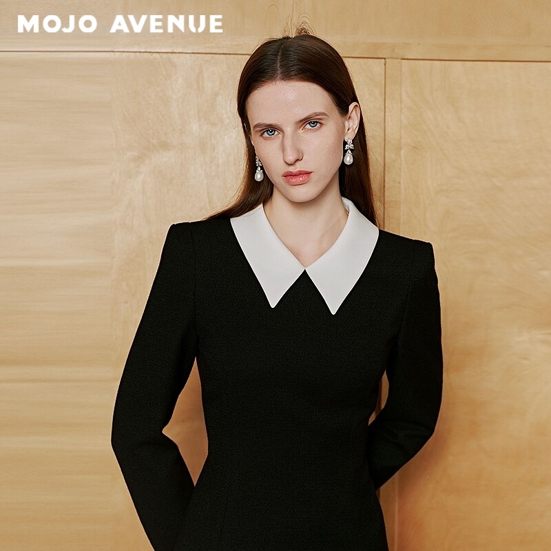 朗姿/MOJO AVENUE莫佐2026春新品优雅黑白撞色连衣裙女翻领收腰职