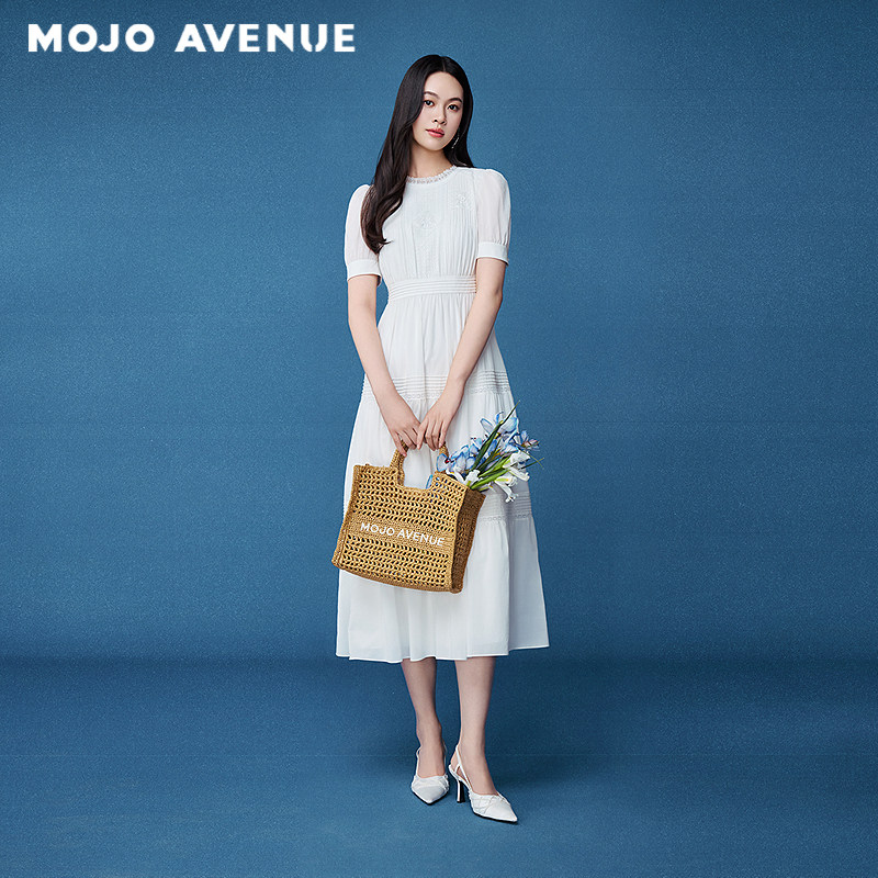 朗姿/MOJO AVENUE夏新品2026白月光法式白色连衣裙女收腰气质长裙
