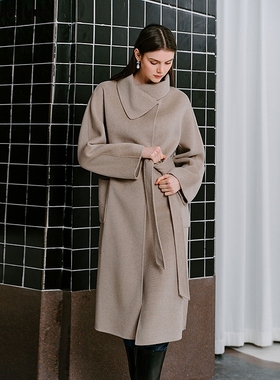 朗姿/MOJO AVENUE莫佐2025冬新款静奢老钱风羊毛大衣女立领廓形米