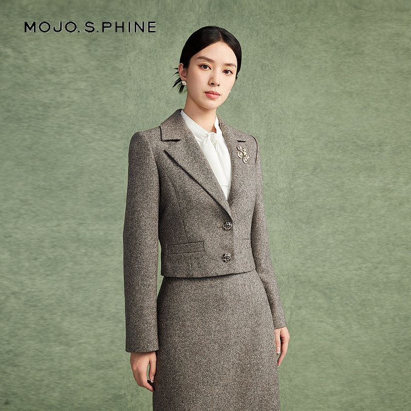 MOJO莫佐绵羊毛粗花呢短外套