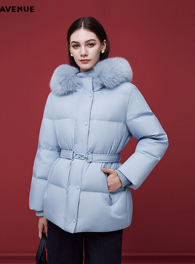 朗姿/MOJO AVENUE莫佐冰河蓝色连帽羽绒服2025年新款鹅绒设计感