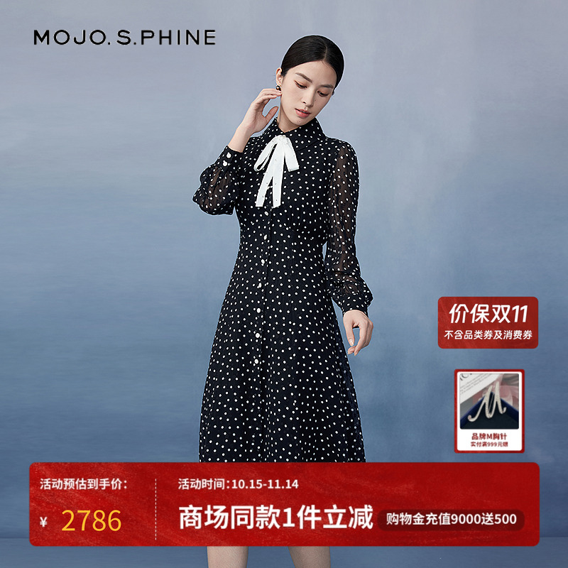 MOJO莫佐波点印花雪纺撞色连衣裙2025年春季新款灵动裙女朗姿集团