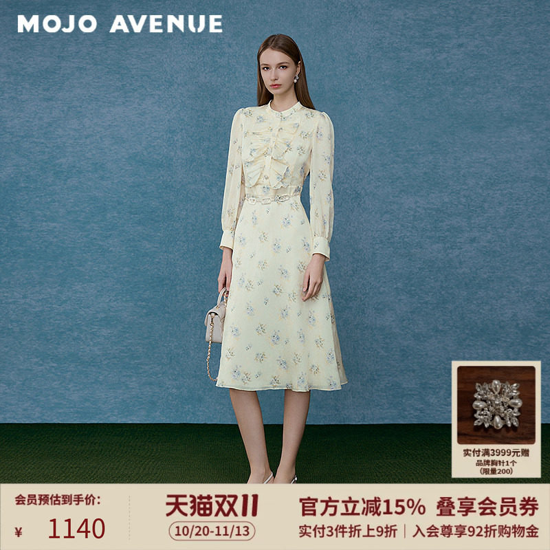 朗姿/MOJO秋新品2026油画系列宫廷甜美碎花连衣裙收腰A摆仙女裙