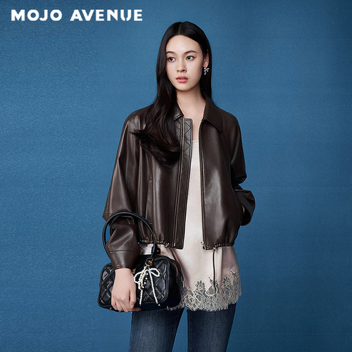 朗姿/MOJO莫佐2026秋新品翻领皮衣复古抽绳夹克女廓形棕色短外套