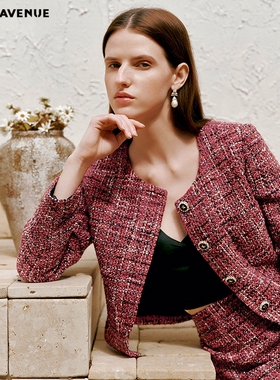 朗姿/MOJO AVENUE莫佐2026春新品轻奢粗花呢半身裙女红色显瘦包臀