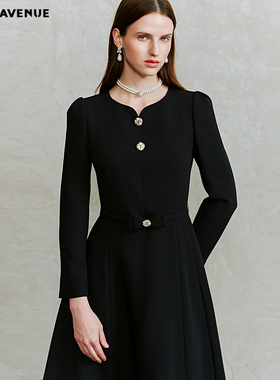 朗姿/MOJO莫佐2026春新品高贵优雅长袖连衣裙黑色小V领收腰A摆