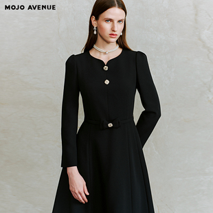朗姿/MOJO莫佐2026春新品高贵优雅长袖连衣裙黑色小V领收腰A摆