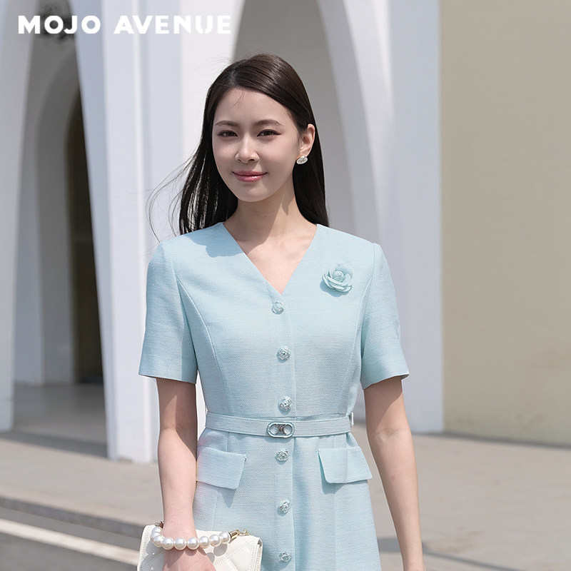 朗姿/MOJO莫佐夏季名媛千金连衣裙短袖V领收腰优雅中长裙通勤约会
