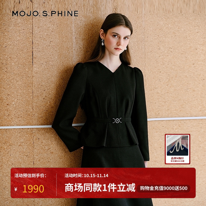 MOJO莫佐2025新款黑色高定连衣裙女秋冬优雅气质V领收腰职场通勤