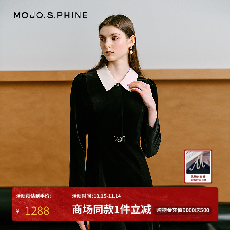 MOJO莫佐2025冬新款法式优雅丝绒连衣裙女黑白撞色经典小黑裙秋冬