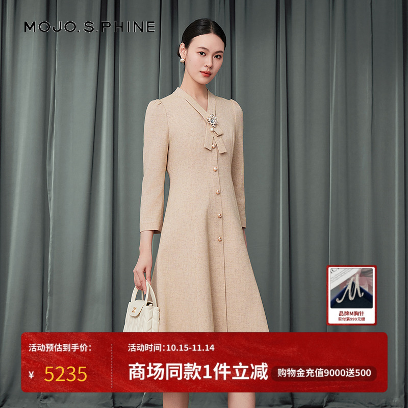 MOJO莫佐2025秋新款优雅泡泡袖连衣裙收腰高贵名媛蝴蝶结朗姿集团