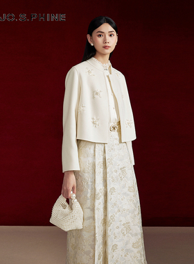 朗姿/MOJO莫佐双面呢夹克短外套2024年新款手工玉兰花饰修身