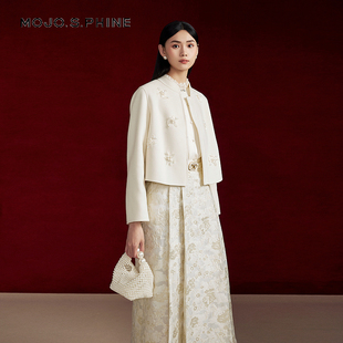 MOJO莫佐双面呢夹克短外套2024年新款 短大衣 手工玉兰花饰修身 时尚