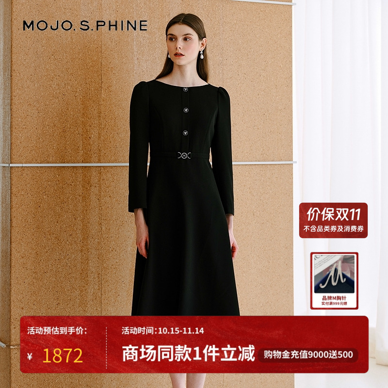 MOJO莫佐2025新款优雅气质船领连衣裙女士秋冬职场通勤中长小黑裙
