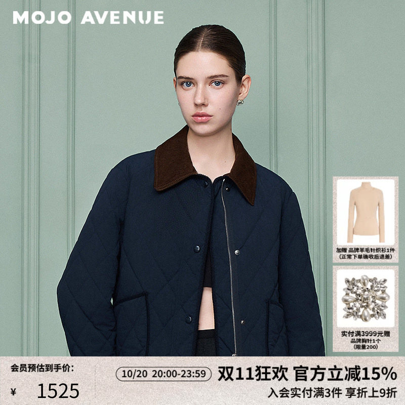 朗姿/MOJO莫佐2026冬新品复古撞色菱格衍缝棉服外套直筒翻领夹克