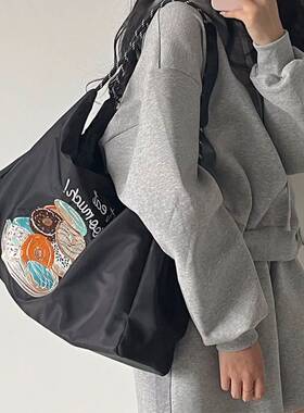 日本代购ballchain刺绣黑色面包盘单肩包环保袋帆布大容量托特包