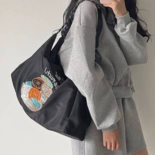 日本代购ballchain刺绣黑色面包盘单肩包环保袋帆布大容量托特包