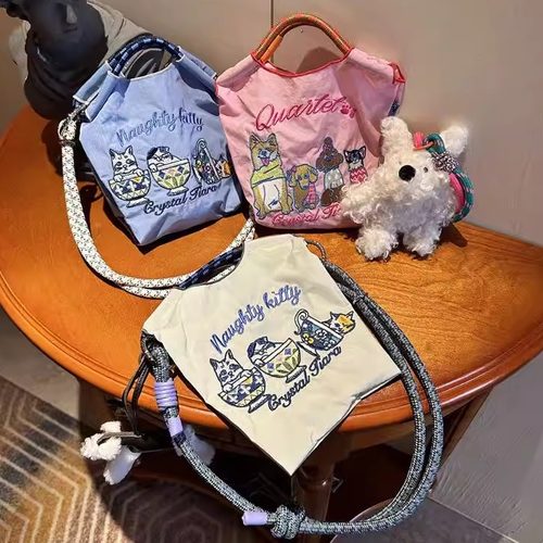 日本代购ballchain茶杯猫柴犬刺绣mini环保手提斜跨尼龙袋单肩包