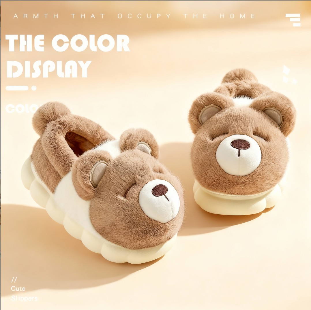 可爱熊毛毛鞋女包跟棉拖鞋冬季