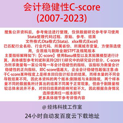 会计稳健性C-score2023-2007 含Stata处理代码 Basu模型拓展 盈余