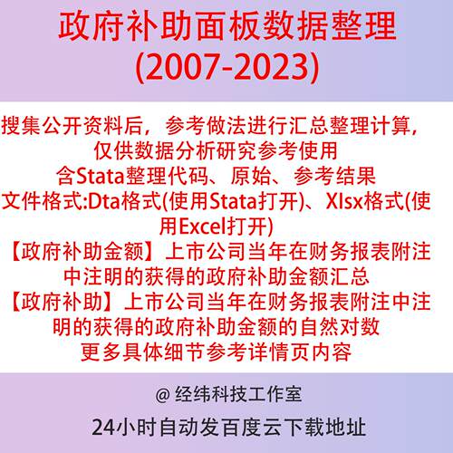 政府补助面板数据整理2023-2007含Stata整理代码结果dta xlsx格式