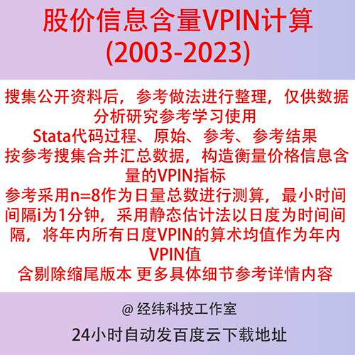 股价信息含量VPIN计算2003-2023Stata代码过程DO、原始、参考结果