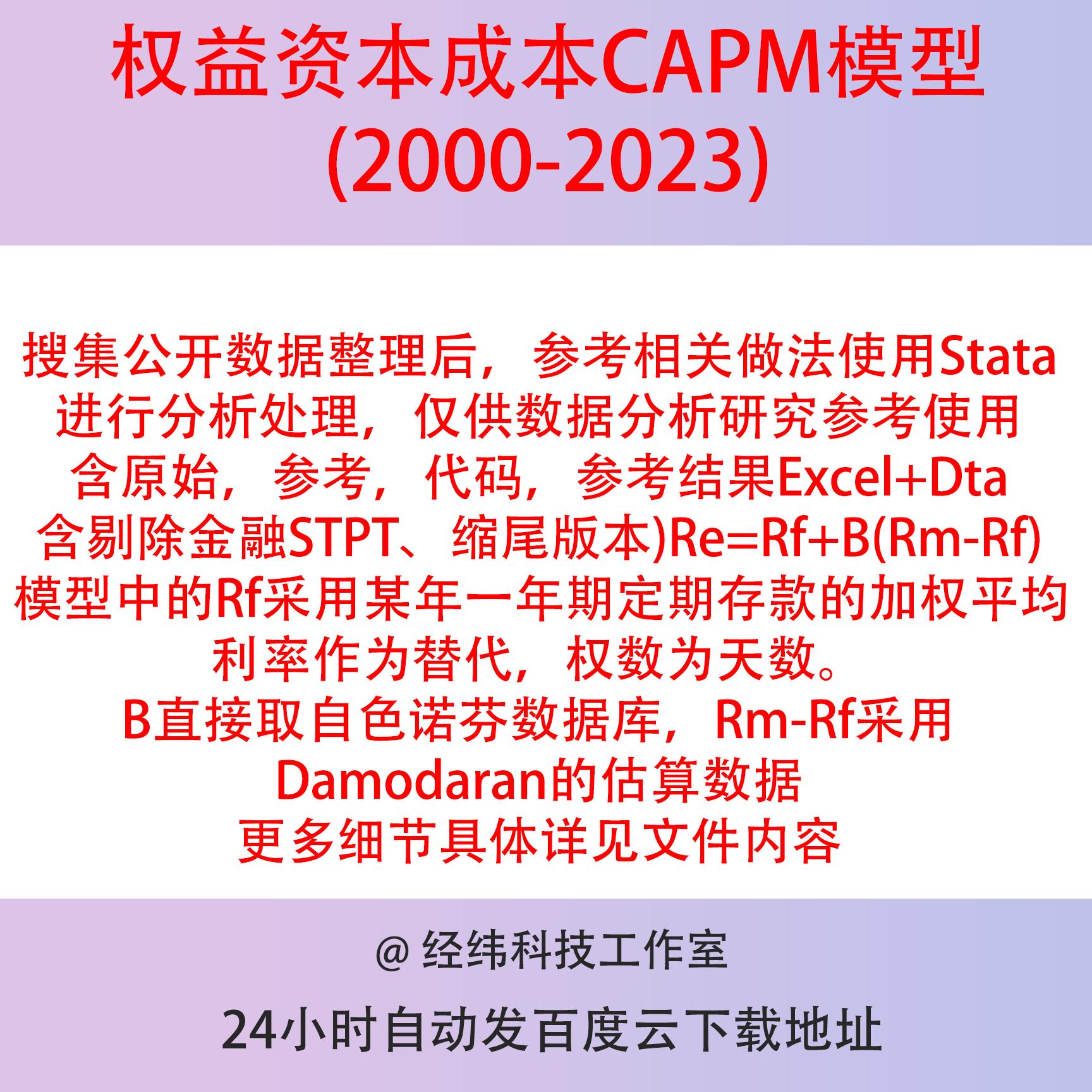 上市公司权益资本成本数据2023-2000CAPM模型含stata代码参考结果