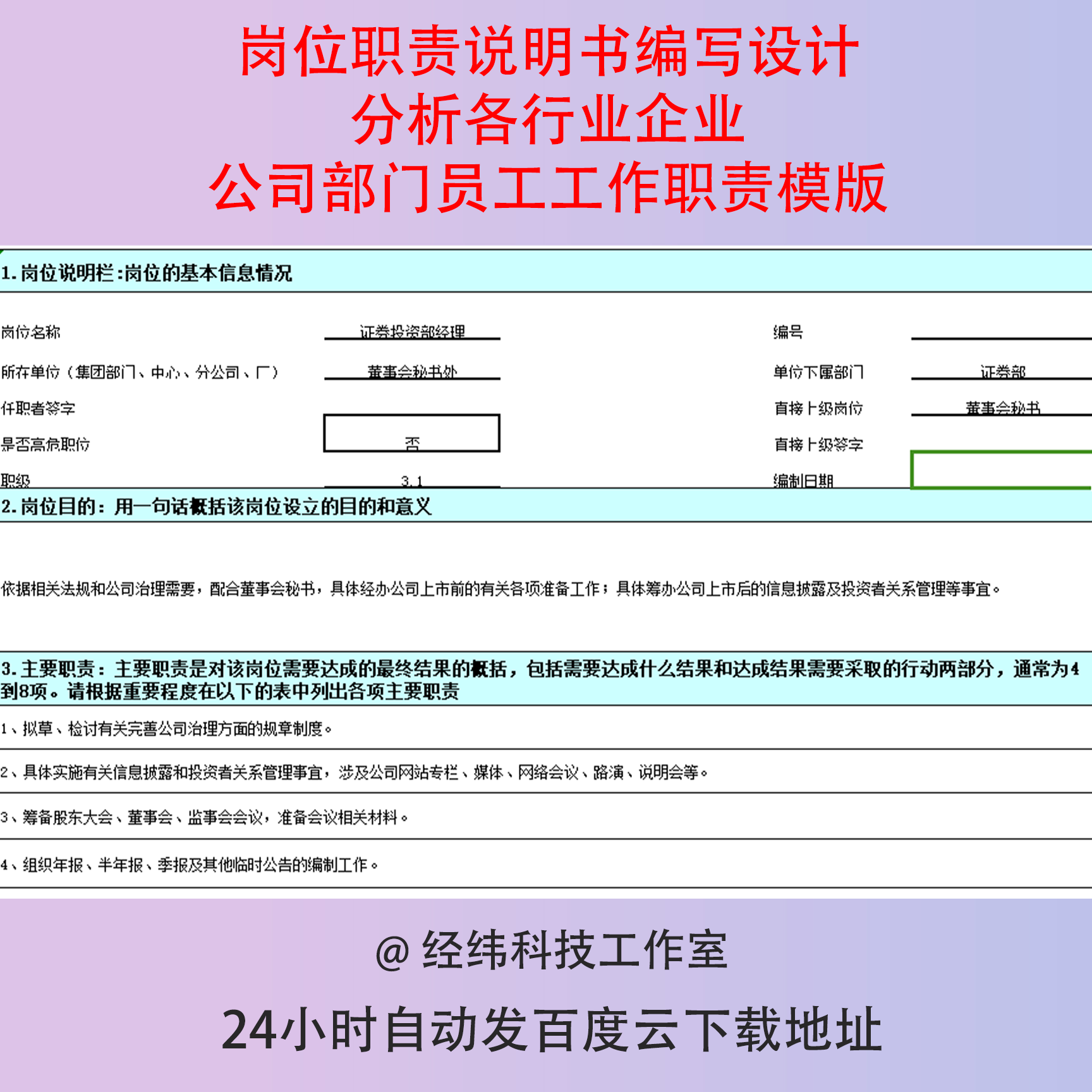 岗位职责说明书编写设计分析各行业企业公司部门员工工作职责模版