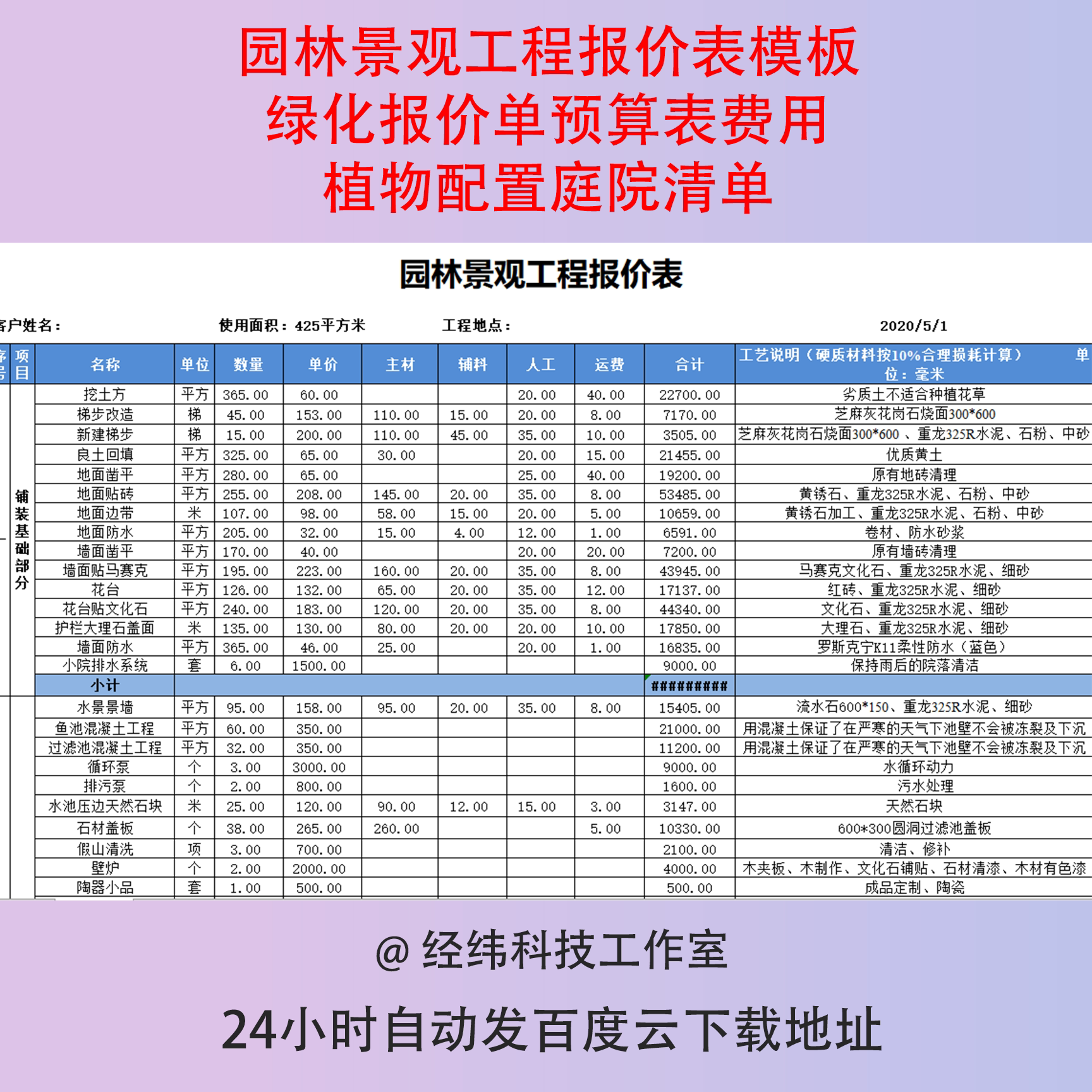 园林景观工程报价表模板绿化报价单预算表费用植物配置庭院清单