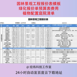 园林景观工程报价表模板绿化报价单预算表费用植物配置庭院清单