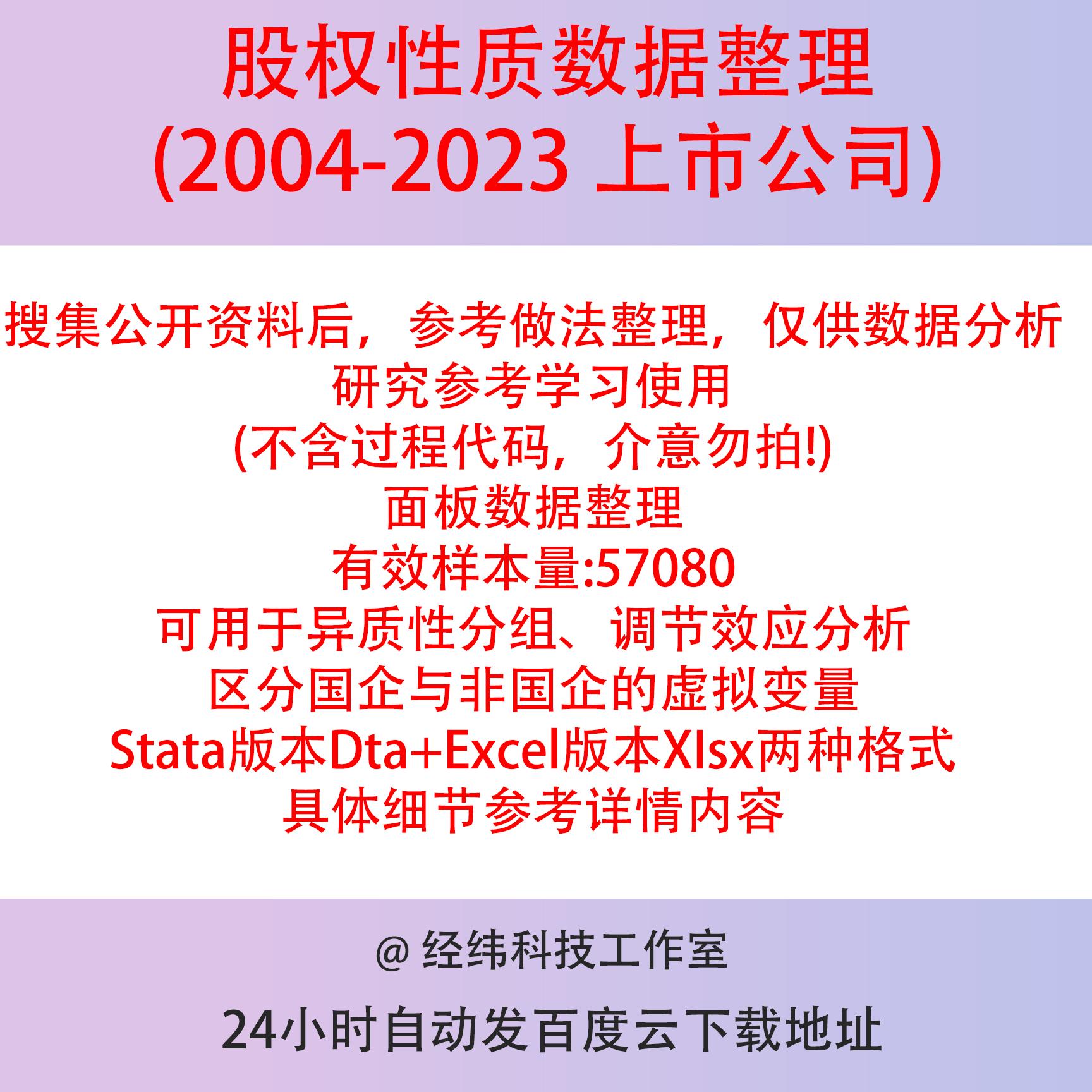 上市公司股权性质数据整理2004-2023Stata/Excel结果虚拟变量面板