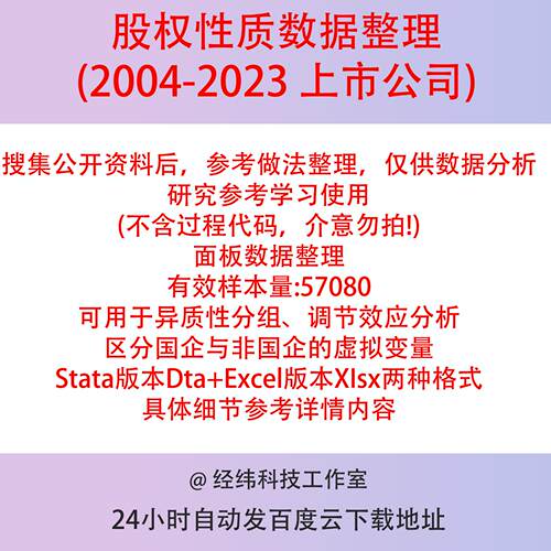上市公司股权性质数据整理2004-2023Stata/Excel结果虚拟变量面板