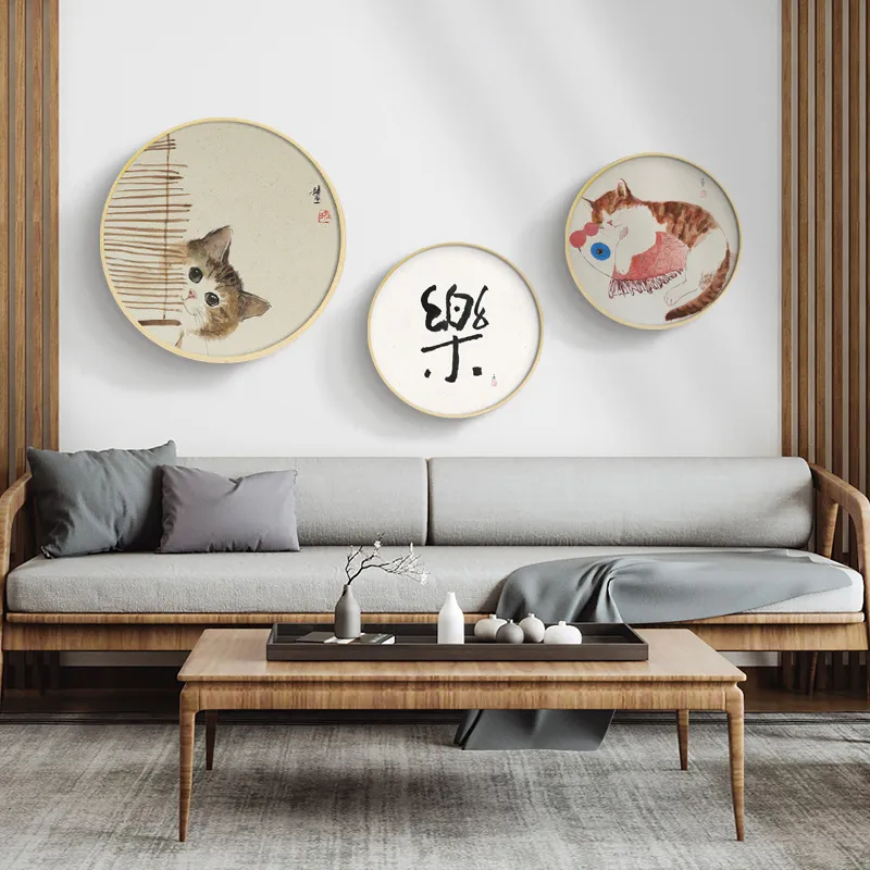 日式原木风客厅装饰画圆形猫咪挂画北欧餐厅玄关过道走廊晶瓷壁画图片